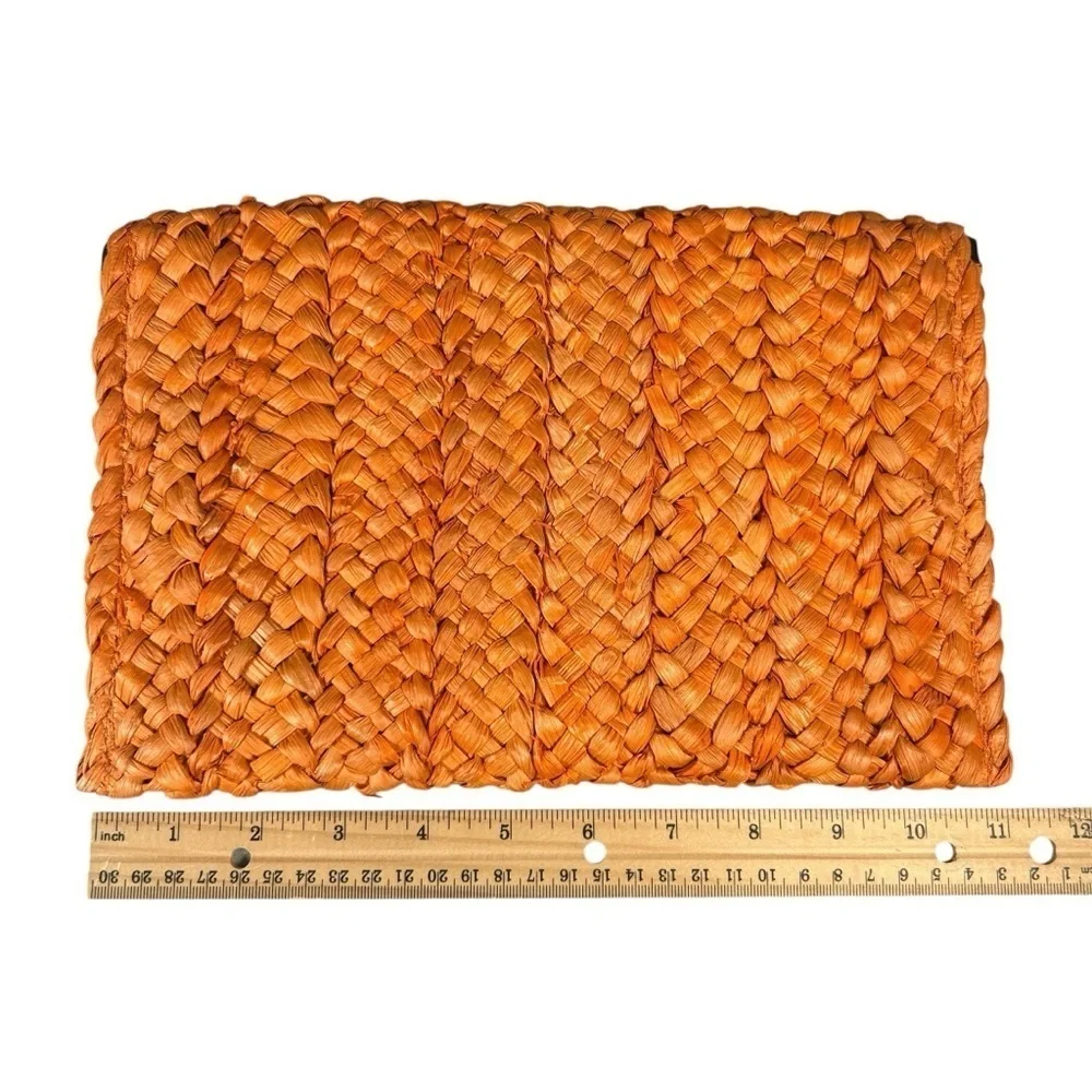 Boho Chic Orange Woven Straw Rattan Clutch Crystal Bee Brooch Handbag 7x11